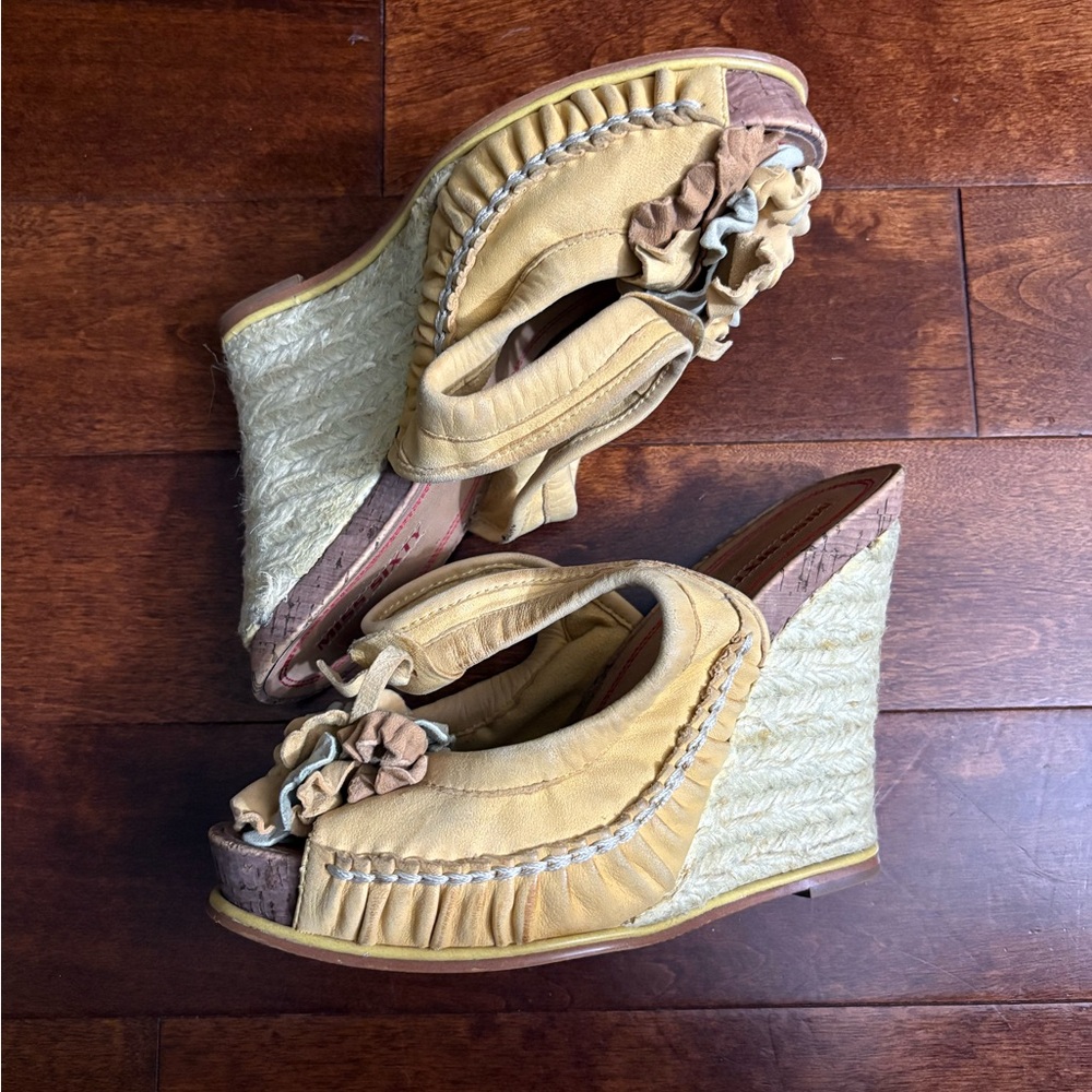 Miss Sixty Yellow Espadrille Wedge Sandals with Floral Accent